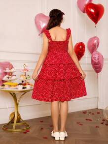SHEIN 1 pieza Vestido elegante de estilo pastel con estampado floral rojo y tirantes para niñas preadolescentes de estilo casual y moderno, juegos de ropa a juego familiar (se venden por separado 2 piezas)