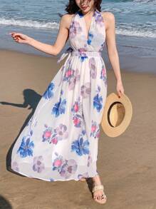 DAZY Damen Neckholder Kleid mit Blume Muster, lässiges Blumenkleid, Urlaubsoutfit, Maxikleid, Kreuzfahrtoutfit für Damen, Cocktailkleid - Verschiedenfarbig - Übersicht 3