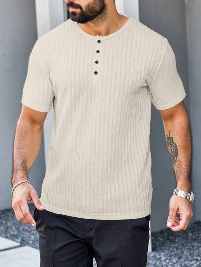 Manfinity Homme Camiseta casual de hombre de manga corta con botones en la parte delantera, de un solo color, para uso diario