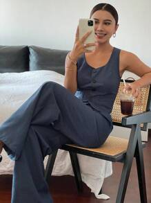 Livesso Set de 2 piezas de top de tirantes con botones y pantalones de unicolor para mujer, ropa de vuelta al colegio - Azul - Ver 1