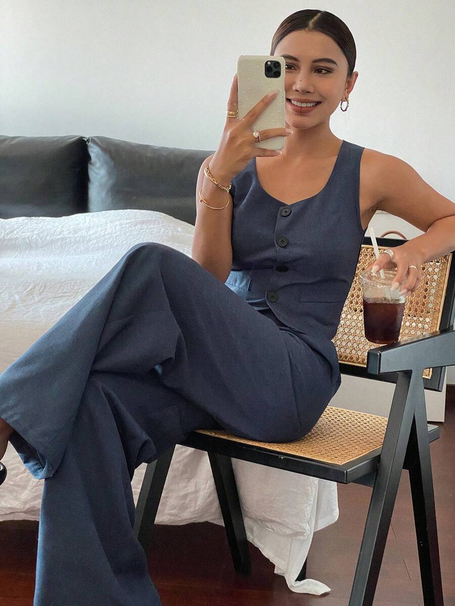 Livesso Set de 2 piezas de top de tirantes con botones y pantalones de unicolor para mujer, ropa de vuelta al colegio - Azul - Ver 1