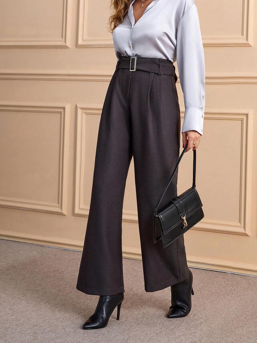 EURMUSE Wool-Like Paper Bag Buckle Belted Wide Leg Women's Pants - Dark Grey - View 1