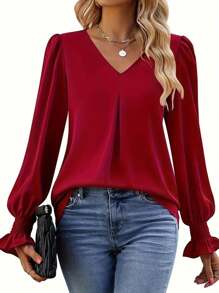 Blusa de manga larga y cuello en V de talla grande en unicolor, para uso diario casual, top rojo para mujer