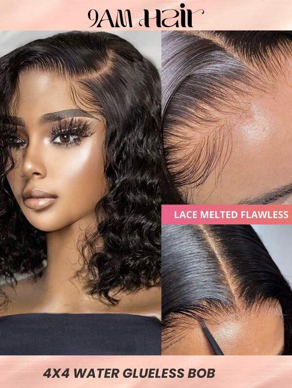 Glueless Transparent Dante Water Wave 4X4 10-14 Inch 150% Nature Color Bob Dantela Perucă Pre-smulsă Linie de păr Prietenos pentru începători Scurt Păr uman scurt pentru femei