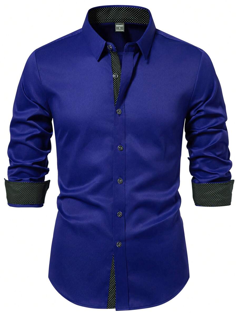 Manfinity Mode Áo sơ mi nam tay dài cài nút đơn giản màu trơn (không xác định), Áo sơ mi nam màu xanh hoàng gia, Áo sơ mi thanh lịch dành cho nam, Mùa thu - Xanh đậm - Xem 1
