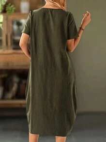 EMERY ROSE Women's Solid Color Button Front Short Sleeve Pocket Casual Dress - Army Green - View 2