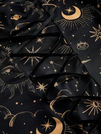 ROMWE Goth Vestido de línea A con mangas de campana, hombros descubiertos y estampado de estrellas y lunas del estilo retro gótico