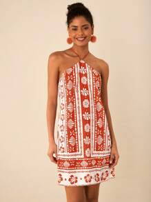 Travachic Women's Floral Print Casual Halter Neck Mini Dress,Vacation Casual Beach Dress