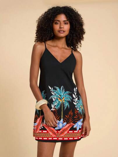 Travachic Black Position Tropical Floral Print Summer Beach Woman Cami Dress Beach Cover Up Dressswim Dressbeach Dress For Womenbeach Cover Up Women,Tea Party Dress,Summer Dresses For Women