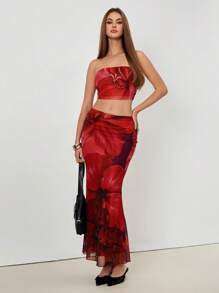 Chiquease Conjunto de 2 piezas para mujer compuesto por top tipo bustier con estampado de encaje romántico + falda tipo cola de pez de talle bajo - Multicolor - Ver 4