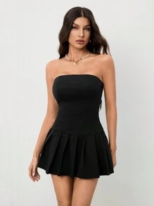 SHEIN Tall 春夏季女士露肩纯色褶皱简约连衣裙