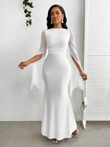 SHEIN Lady Women's Solid Color Mesh Splicing Long-Sleeved Slim Dress Bodycon Fishtail Hem Elegant Dress - White - View 6