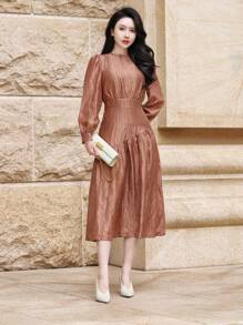 DAZY Sukienka midi z bufiastymi rękawami w jednolitym kolorze, elegancka, formalna, jesienna, z długim rękawem - Różowy - Zobacz 8