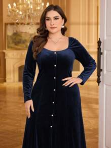 Modelyn Vestido largo elegante de unicolor con botones delanteros para tallas grandes, vestido de mujer maximalista para otoño/invierno