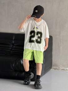 SHEIN Leap Crew 2pcs Tween Boys Casual Sports Numeric Print Pullover T-Shirt & Relaxed Fit Woven Pocket Shorts 2 Pieces Set - Multicolor - View 5