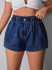 Breezaya Pantalones cortos vaqueros holgados con cintura elástica y bolsillos para mujeres de talla grande