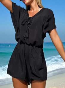 Swim Vcay Summer Outfits For Women 1pc Women's Leisure Vacation V-Neck Tie-Up Elasticated Waist Jumpsuit Romper Summer