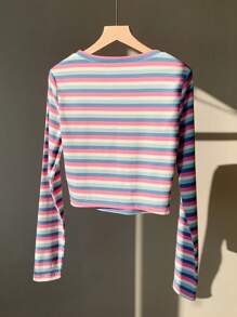 Comfortcana Áo thun bodycon dệt kim sọc nhiều màu cổ tròn dài tay thường ngày cho nữ - Nhiều màu - Xem 2