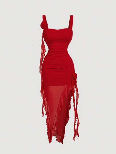 SHEIN MOD Vestido de mujer con impresión floral 3D romántica roja, atuendo para citas, atuendo del Día de San Valentín, vestido de Año Nuevo para mujeres