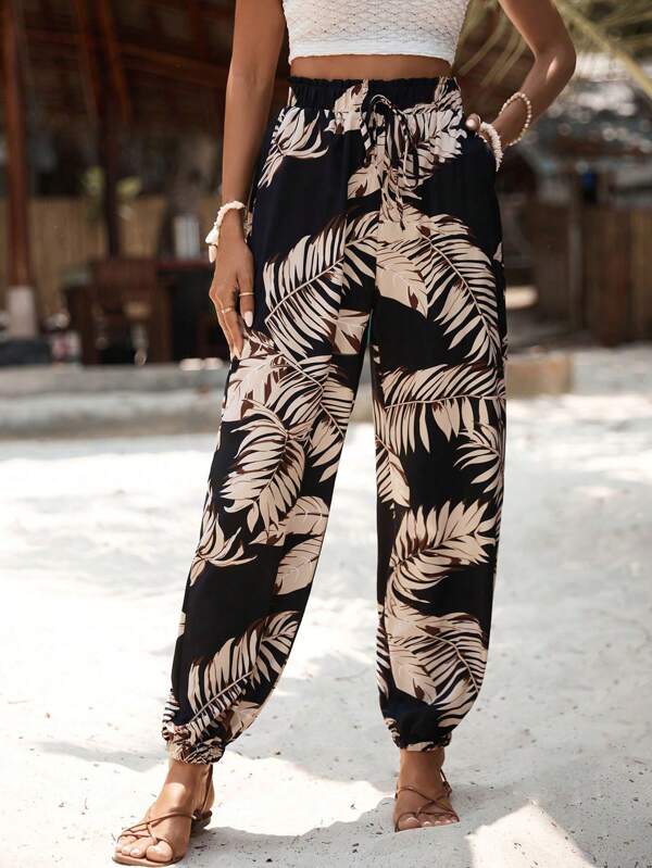 SHEIN PETITE Women's Casual Tropical Plant Printed Harem Pants For Spring & Summer