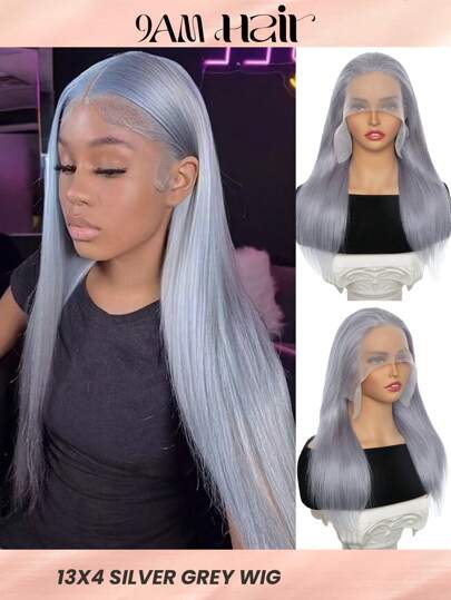 Pelucas de frente de encaje recto de color gris transparente de 13*4, peluca de cabello humano plateado pre-desplumada para mujeres