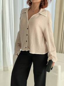 SHEIN Frenchy Plus Size Casual Elegant Contrast Color Trim Collared Open Front T-Shirt - Apricot - View 5