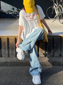 FRIFUL Damen T-Shirt mit Buchstaben-Muster und Raffung Design, lässiges Sommer Top, süße Oberteile, bedrucktes T-Shirt