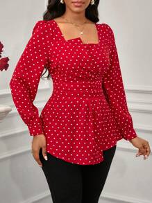 SHEIN Lady Blusa elegante de mujer con patrón de corazones de Día de San Valentín, cuello cuadrado, mangas abullonadas y bajo asimétrico en color rojo - Rojo - Ver 4