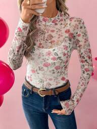 SHEIN LUNE Women's Mock Neck Form-Fitting Long Sleeve Top With Elastic Mesh Floral Print New Year Eve Body Manga Larga