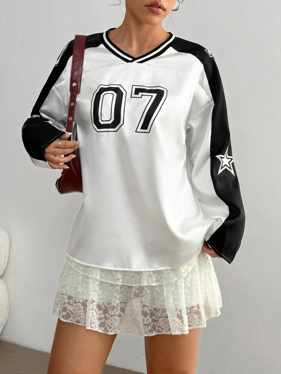 StreetHx T-shirt manches longues, matériau de sport décontracté, col côtelé en blocs de couleurs, imprimé sur les manches et l'avant