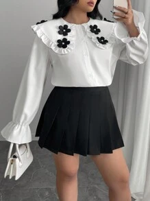 Celure Plus Size Elegant Blouse With Large Lapel, Rivet Cuff, Ruffle Trim