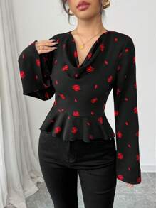 Elenzga Flounce Neck Rose Flower Romantic Blouse For Valentine's Day