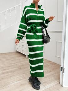 SHEIN Black & White Striped Extra Long Zipper Collar Fold-Over Design Basic Knit Sweater Dress For Women - Green - View 3