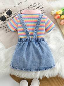 SHEIN Baby Girls Rainbow Striped Knitted Shirt Tee & Adjustable Suspender Skirt 2pcs Set - Multicolor - View 2
