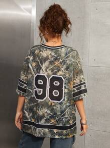 SHEIN Teen Girl Retro Street Spring And Summer,New V-Neck Camouflage Print & Letter Oversized Casual T-Shirt - Multicolor - View 2
