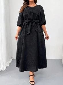 SHEIN Clasi Plus Size Women Leopard Jacquard Round Neck Lantern Sleeve Elegant Dress