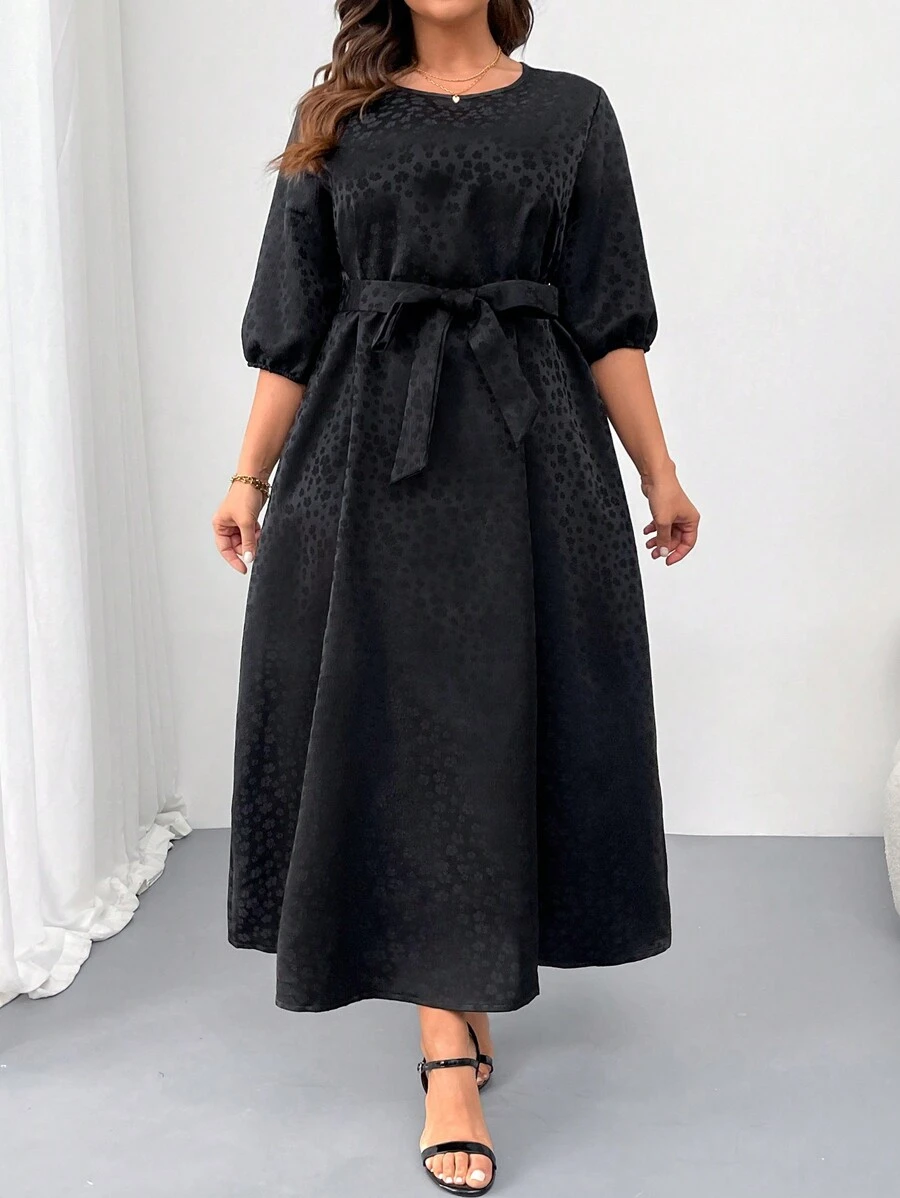 SHEIN Clasi Plus Size Women Leopard Jacquard Round Neck Lantern Sleeve Elegant Dress