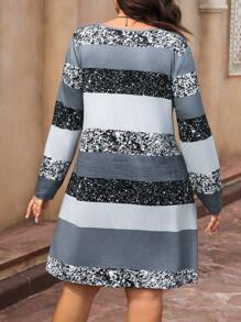 SHEIN LUNE 大码前扣长袖条纹休闲短裙 - 黑色 - 查看 2