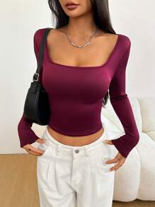 SHEIN EZwear Blusa de cuello alto de punto grueso y acanalado, elástica, de manga larga, en color burdeos, con estilo y sensualidad, para otoño/invierno