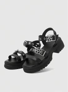 ROMWE Women's Summer Open Toe Dark Rock Punk Goth Roman Beach Sandals, Star Strap Platform Wedge Sandals Spring Shoes Spring Break Easter, Halloween For Christmas - Black - View 9