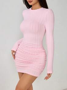 SHEIN PETITE 純色高領修身黑色羅紋洋裝，適合嬌小女性 - 粉色 - 查看 4