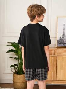 SHEIN Tween Boy 4pcs Set Minimalist Casual Round Neck Short Sleeve T-Shirt & Plaid Shorts Pajamas, Loose & Comfortable - Black and White - View 2
