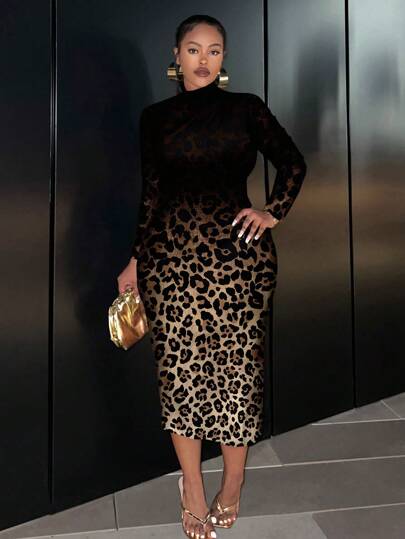 Slaydiva Plus Size Leopard Print Casual Slim Fit Long Sleeve Round Neck Dress Fall Clothes Chic Dress