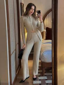 Pariaura 2 pièces/set, Cardigan et pantalon long tricoté pour femme, style simple boutonnage, automne/hiver