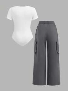 Girlism Tween 女童两件套/街头/秋/冬/白色圆领长袖百搭休闲日常口号印花紧身裤和灰色工装裤/返校 - 灰色 - 查看 2