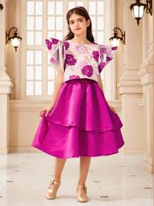 Conjuntos para niñas preadolescentes, Elegante parte superior con mangas con volantes de brocado metálico para niñas preadolescentes, irradia Charm y lujo como una pequeña princesa
