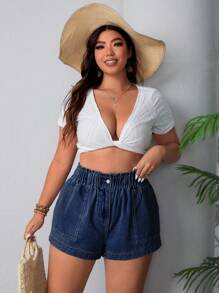Breezaya Pantalones cortos vaqueros holgados con cintura elástica y bolsillos para mujeres de talla grande