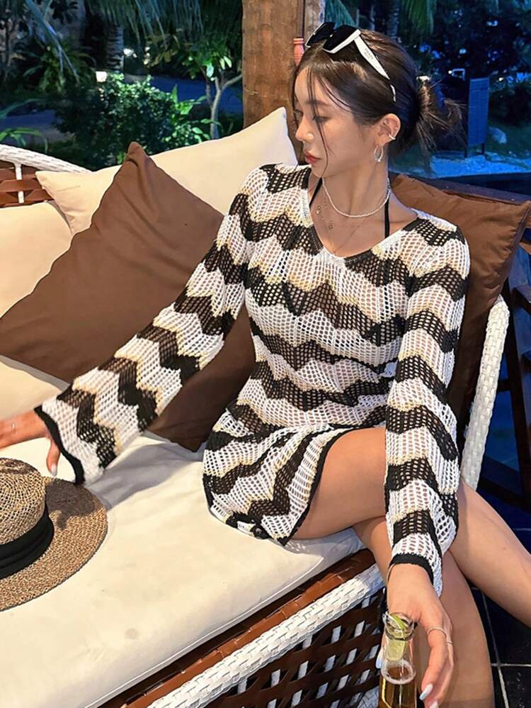 Women's Long Sleeve Casual Short Sweater Dress With Back Tie, Minimalist Style Vacation Cruise Outfit For Women