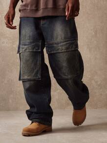 SUMWON 滑板款工装牛仔裤，拼接设计，阔腿，都市街头装，工作服，宽松版型，四季皆宜，做旧休闲裤 - 藍色 - 查看 4