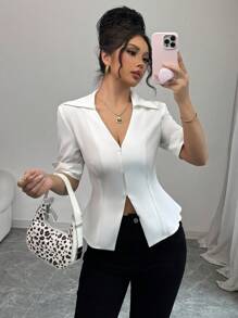 Elenzga 时尚 V 领短袖修身衬衫